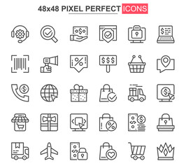 Obraz na płótnie Canvas E-commerce thin line icon set. Online shopping outline pictograms for website and mobile app GUI. Order, payment and delivery simple UI, UX vector icons. 48x48 pixel perfect pictogram pack.