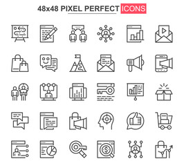 Digital marketing thin line icon set. Marketing research and strategy outline pictograms for web or mobile app. Business analytics simple UI, UX vector icons. 48x48 pixel perfect pictogram pack.