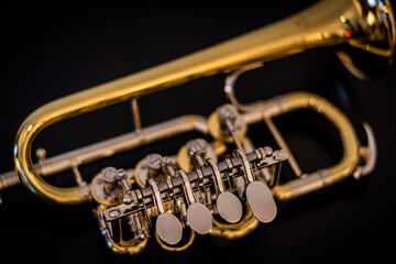 A gold rotary valved piccolo trumpet with silver finger buttons with focus on the buttons