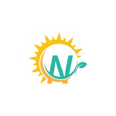 Letter N icon logo with leaf combined with sunshine design