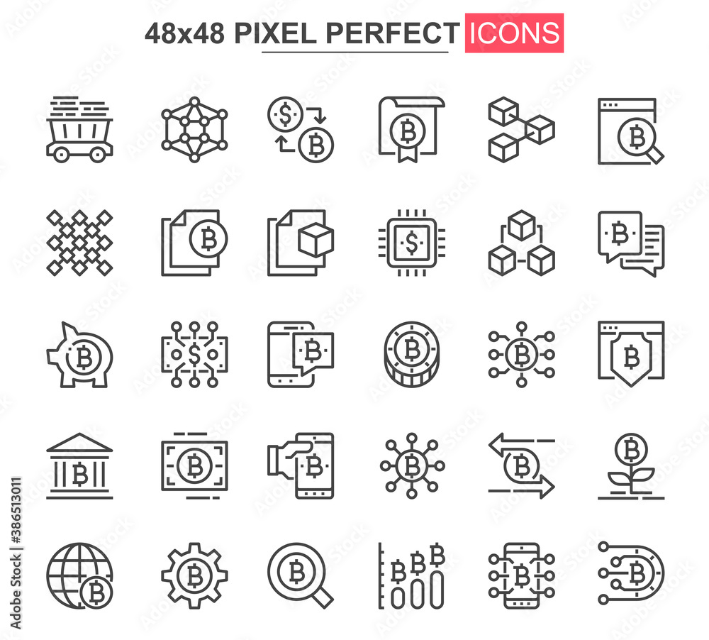 Poster bitcoin mining thin line icon set. cryptocurrency fintech outline pictograms for web and mobile app 