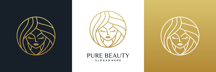 Beauty women hair salon logo design line art style.