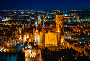 Old town of Gdansk with St. Mary Basilica at night, Poland