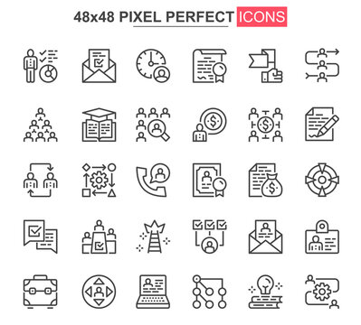 Headhunting thin line icons set. Recruitment and staff hiring unique design icons. Candidates employment, human resource management outline vector bundle. 48x48 pixel perfect linear pictogram pack.