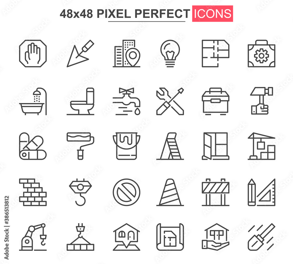 Fototapete construction thin line icons set. construction site workflow and management unique design icons. mac