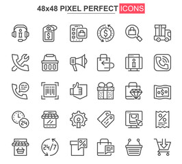 E-commerce thin line icons set. Online shopping, internet marketplace unique design icons. Customer support, order and delivery service outline vector bundle. 48x48 pixel perfect linear pictogram pack