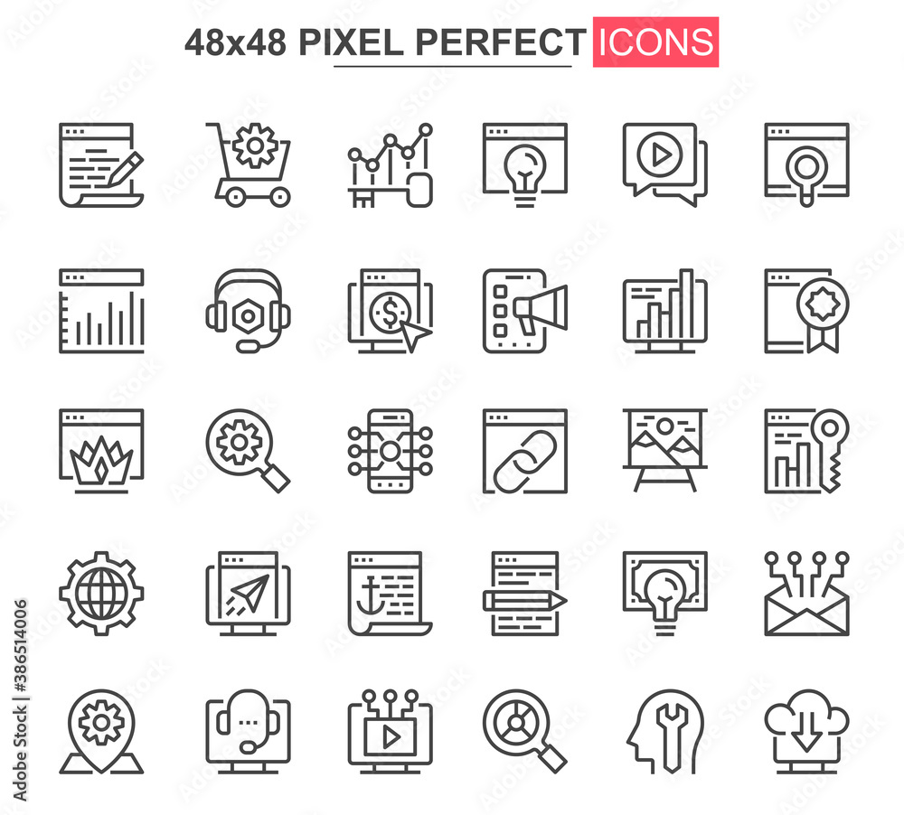 Leinwandbilder seo optimization thin line icons set. content analysis, online marketing and research unique design 
