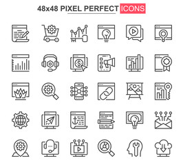 Naklejka na ściany i meble Seo optimization thin line icons set. Content analysis, online marketing and research unique design icons. Search engine optimization outline vector bundle. 48x48 pixel perfect linear pictogram pack.