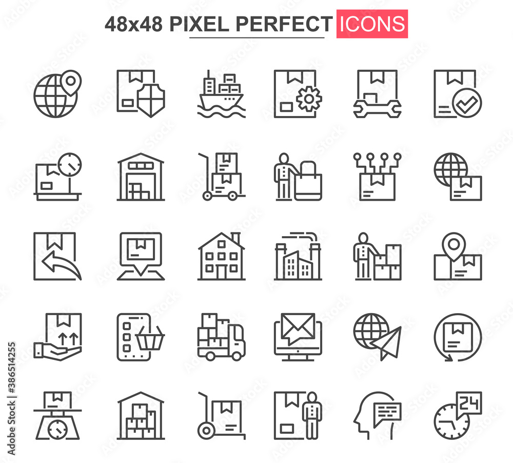 Fototapete delivery thin line icons set. global and local shipping, warehousing and transportation unique desig