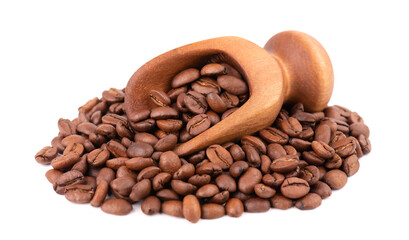 Coffee beans isolated on white background. Roasted arabica coffee beans in wooden scoop.