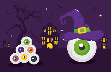 happy halloween design with horror castles and scary colorful eyes and witch hat