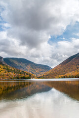 Beautiful lake in front of the the mountains in the fall in New England