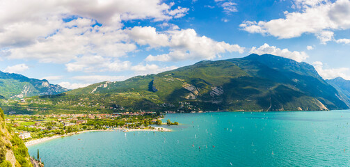 Aerial view at Linfano and Torbole village at lake Garda, Italy. on a beautiful summer day - obrazy, fototapety, plakaty