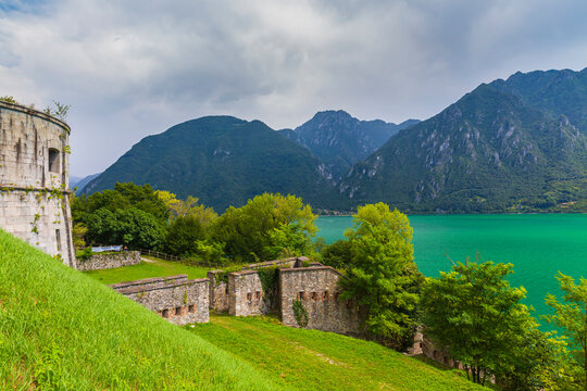 Sightseeing at the beautiful landscape of lake Idro Rocca d'Anfo Italy, ruins of a old bunker