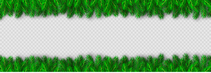 Realistic Christmas border. Xmas background with fir branches. Christmas border with fir branches. Christmas decoration tree branches with shadow - stock vector.