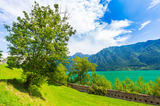 Sightseeing at the beautiful landscape of lake Idro Rocca d'Anfo Italy, ruins of a old bunker