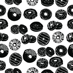 Seamless pattern of silhouettes of glazed donuts with various decoration on a white background, sweet pastries for a quick snack vector illustration