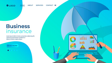 Business insurance.A hand with an umbrella covers a businessman.The concept of promoting and protecting business and business projects.Flat vector illustration.The template of the landing page.