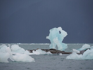 An amazing shape of an iceberg on a cloudy, rainy day. Norway, Svalbard, Hornsund.