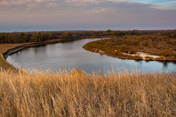 Aerial view of steppe and river Don in Russia. Beautiful autumn landscape