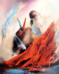Foto op Canvas Painting Expressionism abstract illustration matador in bullfighting with rag is fighting with bull. © Galina