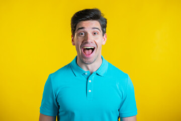 Man depicts amazement, shows WOW delight face effect. Surprised excited happy guy. Handsome male shocked model on yellow background.