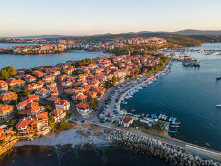 Aerial sunset view of old town of Sozopol, Bulgaria