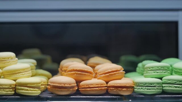 Closeup of colored macaroons sweet shop