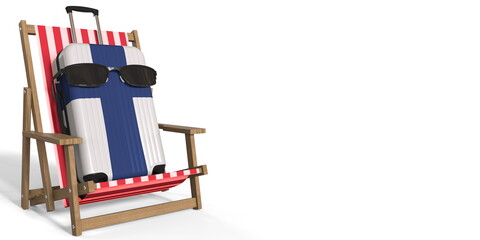 Suitcase with flag of Finland with sunglasses on a beach chair. Vacation concept, 3d rendering