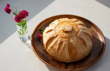 Composition in natural light. Homemade bread (French bun) on a dark wood plate, in the sun. And a red flower in a glass nearby