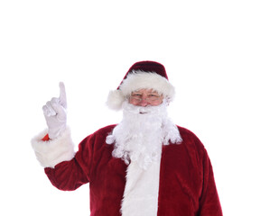 Santa Claus with his index finger in the air pointing up, Number one gesture, isolated on white