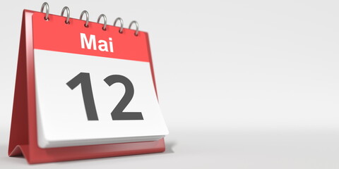 May 12 date written in French on the flip calendar page, 3d rendering