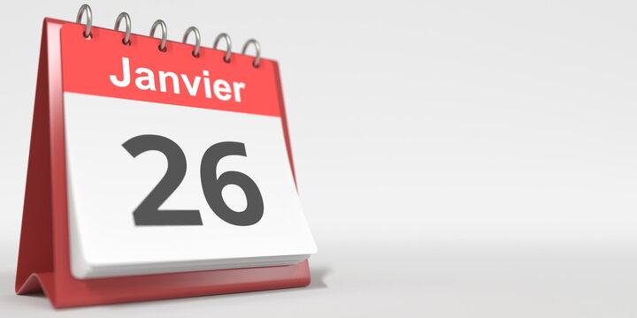 January 26 date written in French on the flip calendar page, 3d rendering