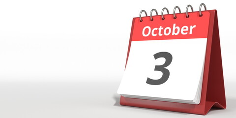 October 3 date on the flip calendar page, 3d rendering