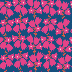  Navy blue with whimsical pink bell flowers seamless pattern background design.