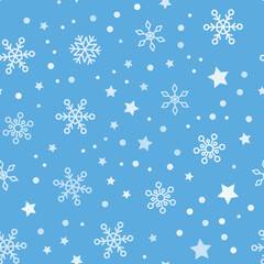 Snow vector pattern. Snowflake and stars seamless texture. Winter background. Vector elements.