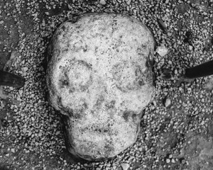 Details of a stone skull at the Mayan archeological site at Coba, Mexico (in black and white)