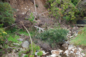大雨による崖崩れ