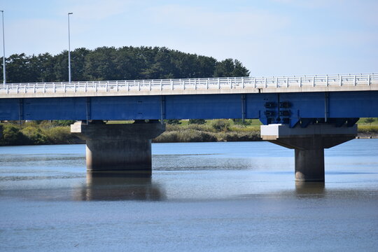 出羽大橋（でわおおはし）／ 山形県を貫流する最上川（日本三大急流）に架かる県内最長の橋、出羽大橋です。全長1,817mの橋は最上川河口に近く、冬には白鳥7,000羽が飛来し、越冬地とするスワンパークがあり、夏には花火大会で人がうめ尽くす観光地です。