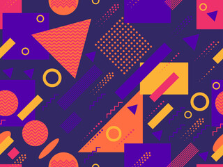 Seamless pattern with geometric shapes in the style of the 80s. Multicolored vintage background with triangles, circles and squares for brochures, banners and wrapping paper. Vector illustration