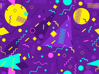 Seamless pattern with geometric shapes in the style of the 80s. Multicolored vintage background with triangles, circles and squares for brochures, banners and wrapping paper. Vector illustration