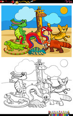 cartoon funny wild animals group coloring book page
