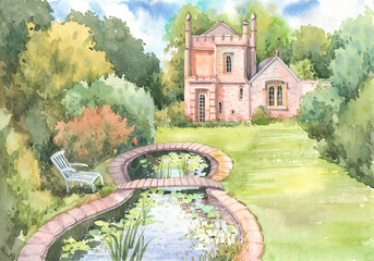 Small Garden Castle Molly's Lodge, built in 1830 in Warwickshire in England, is the smallest castle in Great Britain. Molly's Lodge is painted with watercolors. - obrazy, fototapety, plakaty