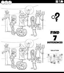 differences game with Halloween characters coloring book page