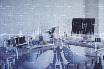 Multi exposure of stock market chart drawing and office interior background. Concept of financial...
