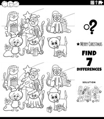 differences game with cats on Christmas time coloring book page