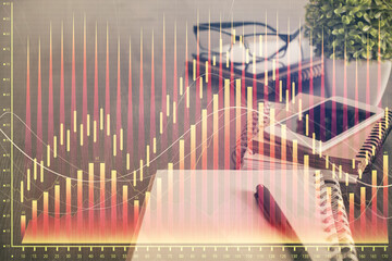 Double exposure of forex chart drawing and cell phone background. Concept of financial trading