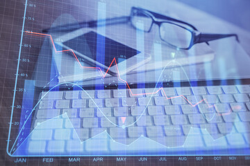 Double exposure of forex chart drawing and cell phone background. Concept of financial trading