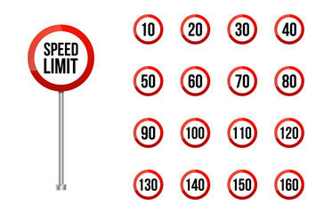 Speed limitation road sign set.Rounded road speed limit signs set isolated on white. Realistic red road sign set.