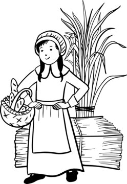 Thanksgiving - Pilgrim Girl Holding a Basket with Bread